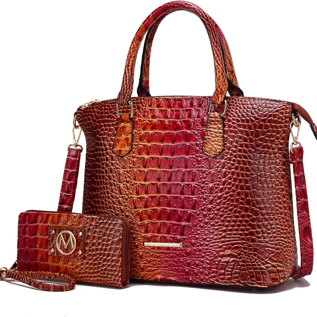 Tote Bag For Women & Wristlet Wallet Purse Set, Crocodile-Embossed Vegan Leather